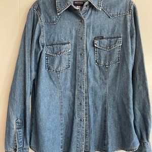 Vintage Guess soft blue Jean snap front shirt size XL.